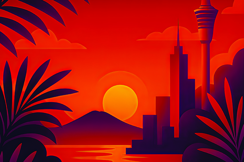 Artwork for Te Ao Pūtahi. Red and orang hues, showing the sun rising over Rangitoto and the city of Auckland.