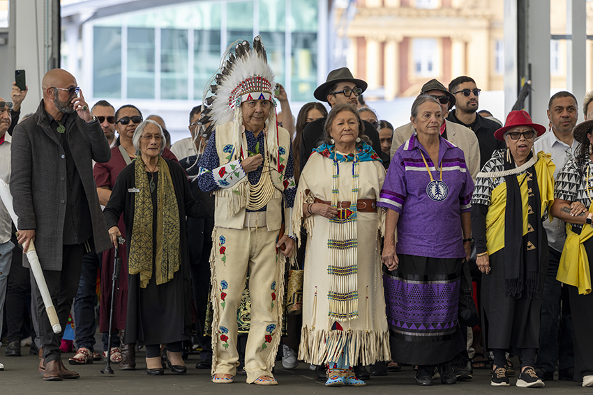 Dignitaries and other attendees are welcomed at a pōwhiri at The Cloud.