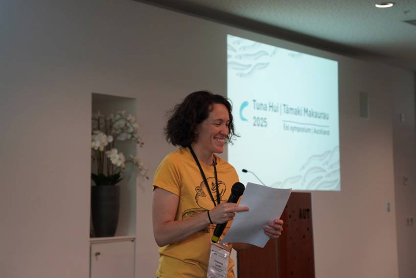 AUT senior lecturer Dr Amandine Sabadel at the opening of the eel symposium.