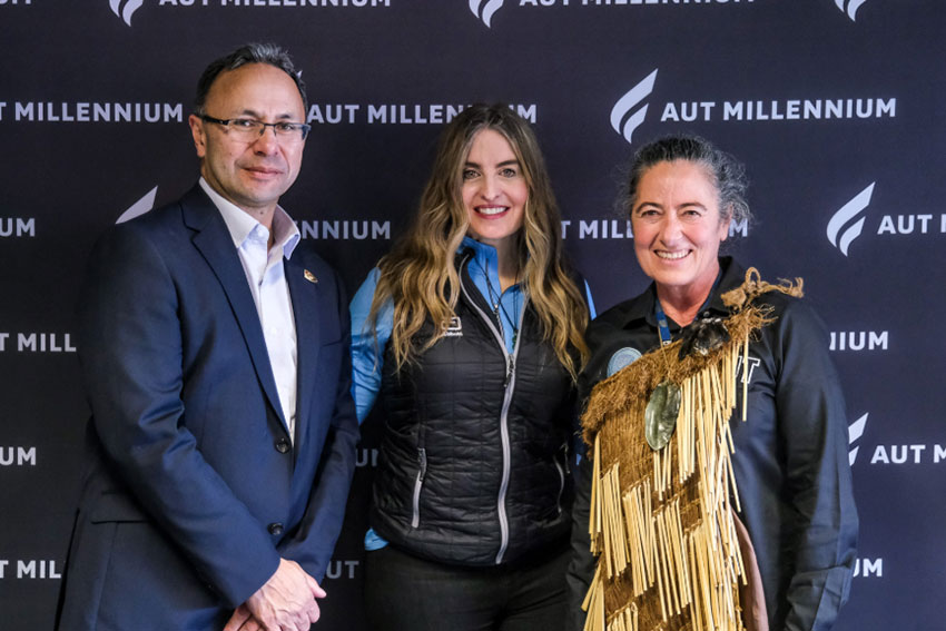At the launch of the AUT Women's Health and Neuroscience research programme with AUT Vice Chancellor Damon Salesa (left), Medical Director in Abbott’s diagnostics business Dr Beth McQuiston, and AUT Professor Patria Hume posing for image.asset_name^as_asset:asset_name^escapehtml%