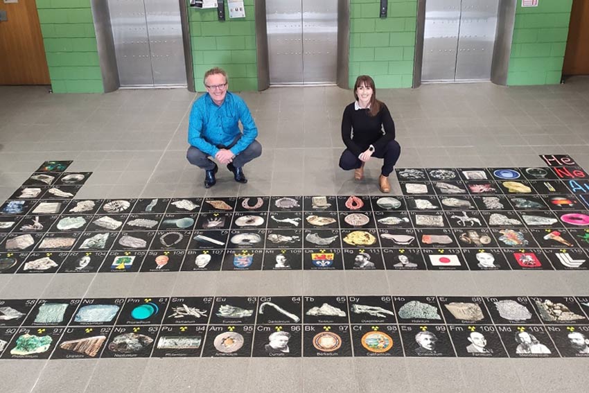 Professor Allan Blackman and chemistry lecturer Dr Emma Davison with the new periodic table in WS.