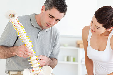 physiotherapist showing a patient a model of the spinal cord